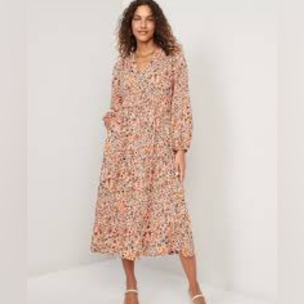 OLD NAVY | Waist-Defined Puff-Sleeve Floral Smocked Midi Dress Sz L